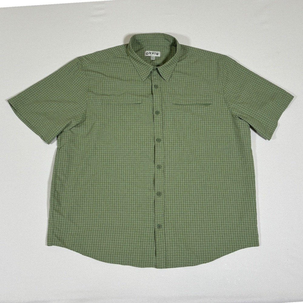 Orvis Mens XXL Sage Green Grid Short Sleeve Technical Fishing Hiking Shirt